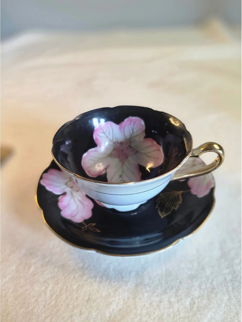 Vintage Dresden Occupied Japan Teacup Saucer Black Pink Floral Gold Trim